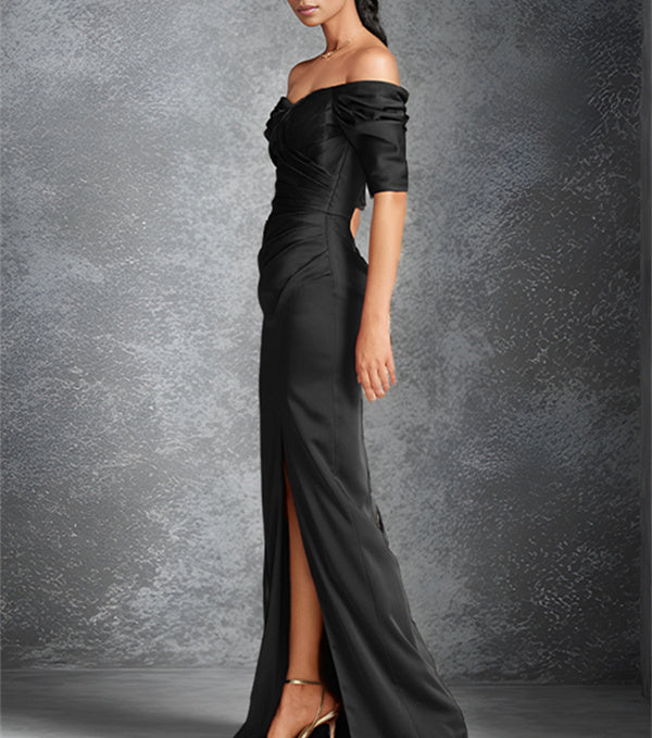 Sheath/Column Off-the-Shoulder Short Sleeves Floor-Length Mother of the Bride Dresses With Split Front