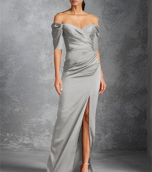 Sheath/Column Off-the-Shoulder Short Sleeves Floor-Length Mother of the Bride Dresses With Split Front