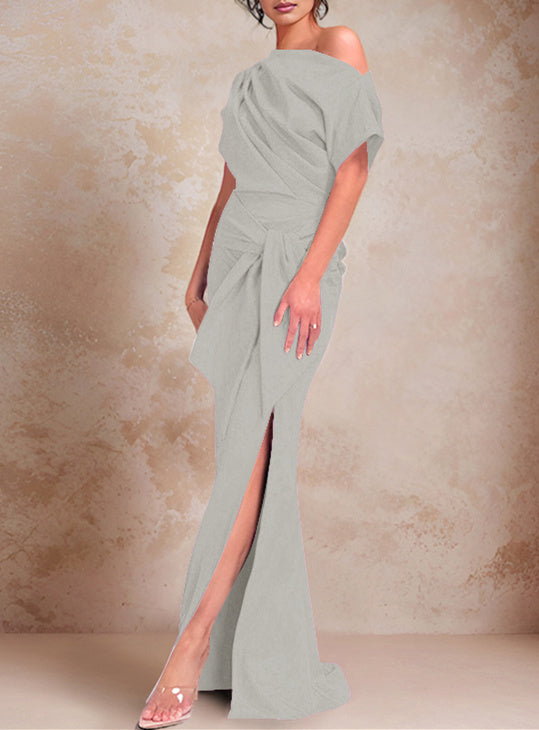 Trumpet/Mermaid One-Shoulder Short Sleeves Floor-Length Mother of the Bride Dresses with Ruffles & Split Side