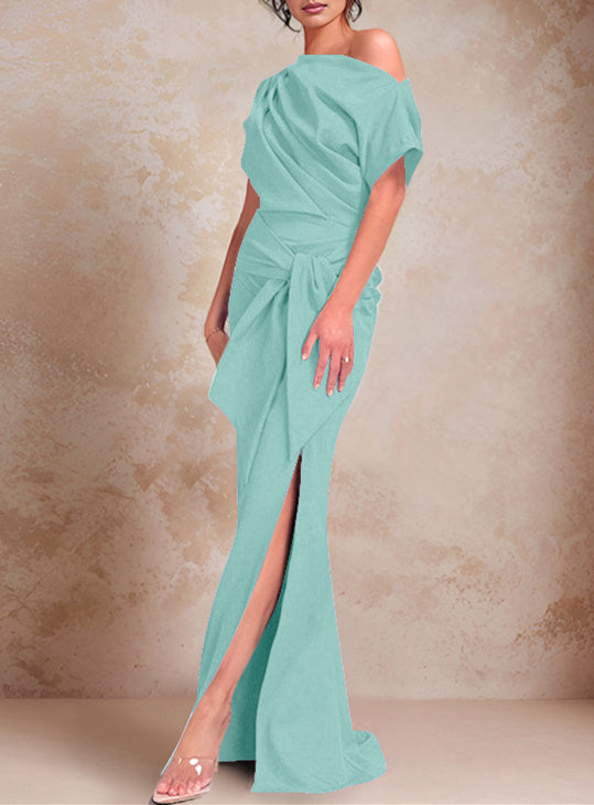 Trumpet/Mermaid One-Shoulder Short Sleeves Floor-Length Mother of the Bride Dresses with Ruffles & Split Side