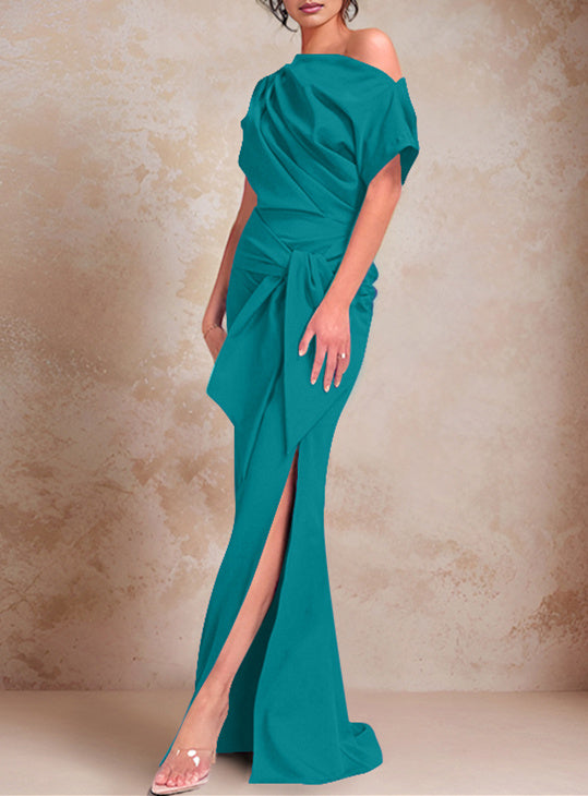 Trumpet/Mermaid One-Shoulder Short Sleeves Floor-Length Mother of the Bride Dresses with Ruffles & Split Side