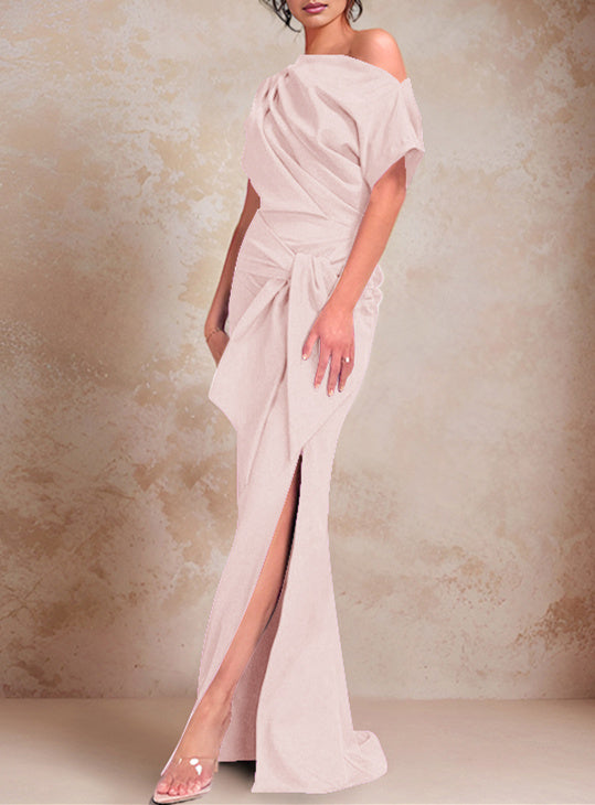 Trumpet/Mermaid One-Shoulder Short Sleeves Floor-Length Mother of the Bride Dresses with Ruffles & Split Side