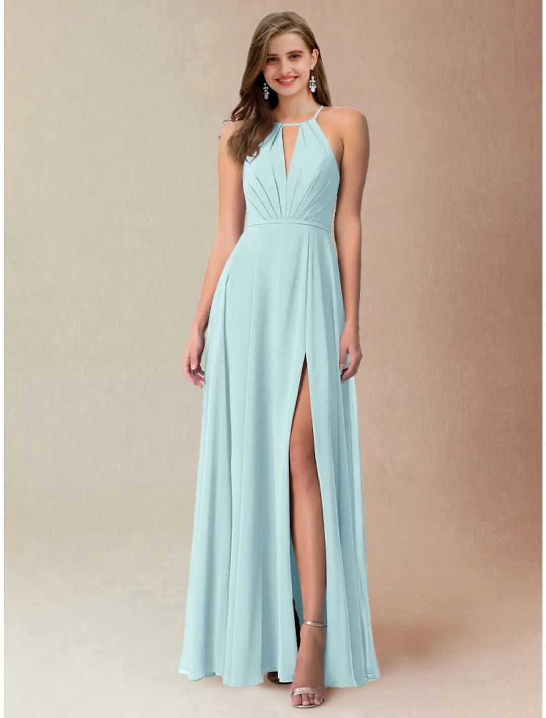 A-Line/Princess Halter Floor-length Long Bridesmaid Dresses