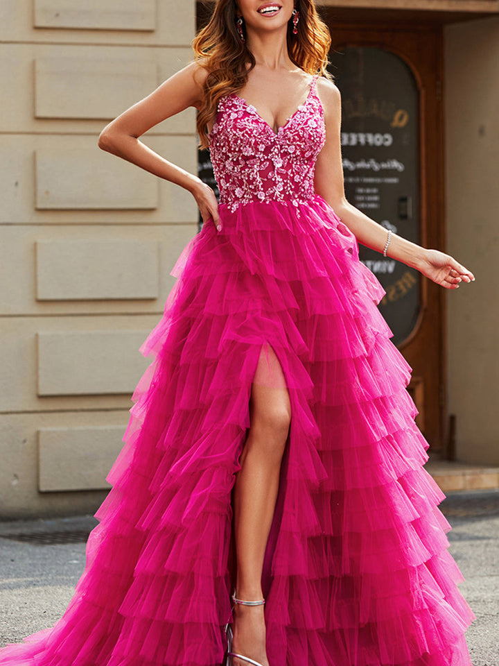 A-Line/Princess Spaghetti Straps Sleeveless Floor-Length Evening Dress with Appliques Ruffles