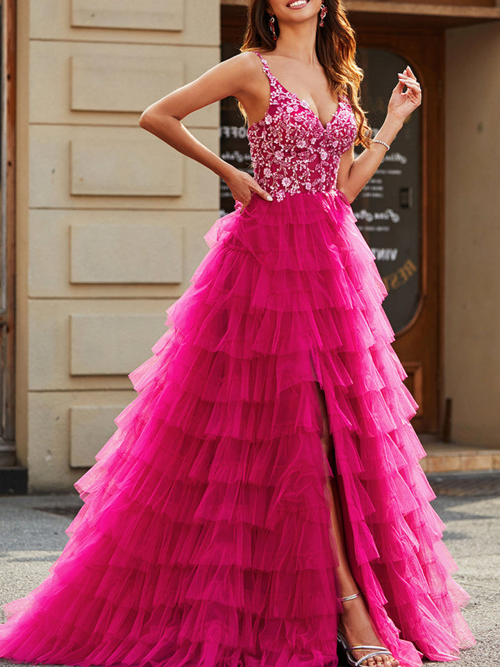 A-Line/Princess Spaghetti Straps Sleeveless Floor-Length Evening Dress with Appliques Ruffles