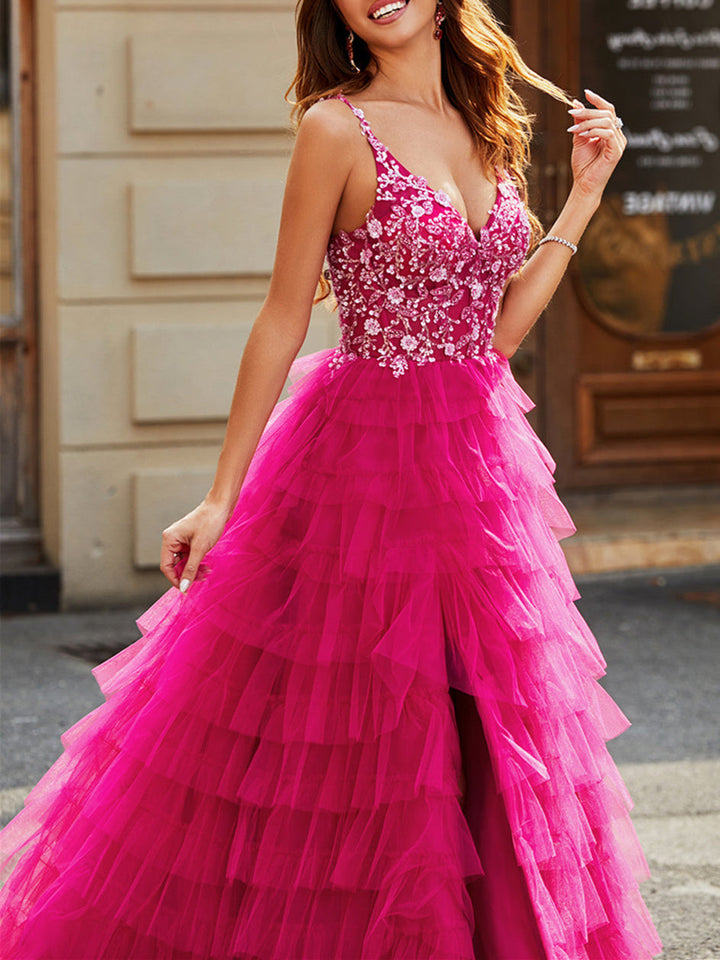 A-Line/Princess Spaghetti Straps Sleeveless Floor-Length Evening Dress with Appliques Ruffles