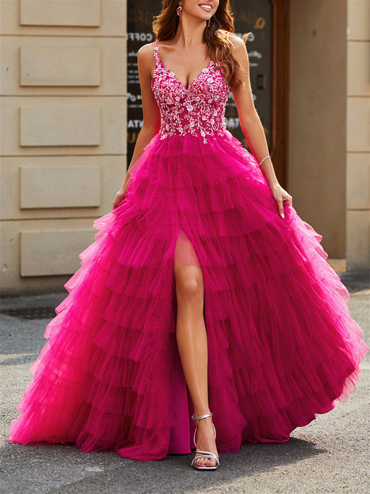 A-Line/Princess Spaghetti Straps Sleeveless Floor-Length Evening Dress with Appliques Ruffles