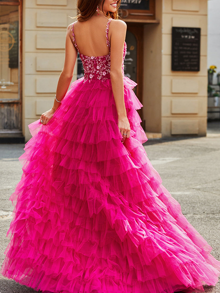 A-Line/Princess Spaghetti Straps Sleeveless Floor-Length Evening Dress with Appliques Ruffles