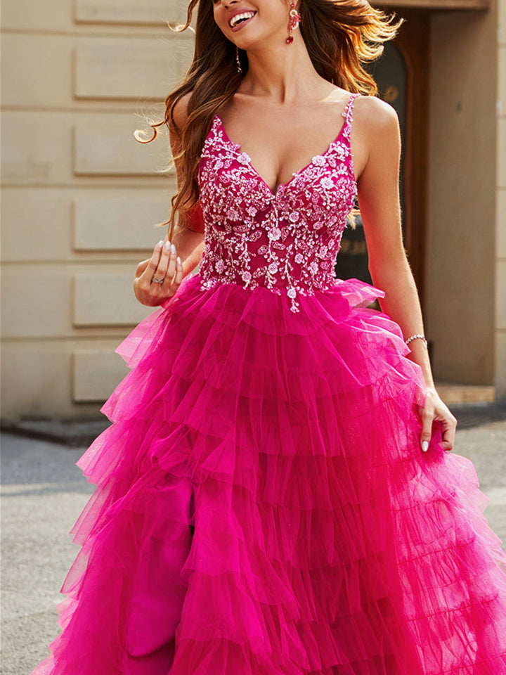 A-Line/Princess Spaghetti Straps Sleeveless Floor-Length Evening Dress with Appliques Ruffles