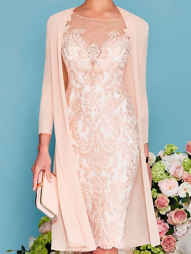 Sheath/Column Scoop Long Sleeves Knee-Length Mother of the Bride Dresses with Lace Beading Appliques