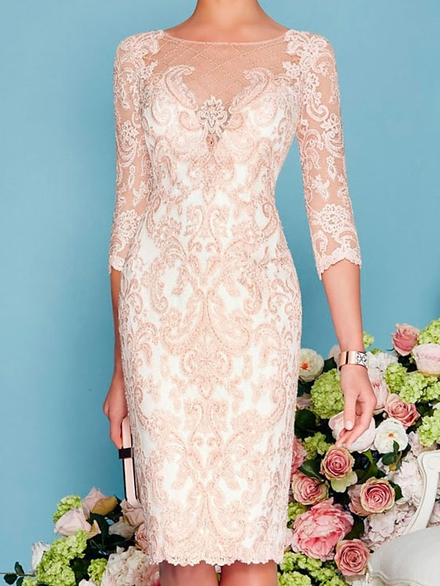 Sheath/Column Scoop Long Sleeves Knee-Length Mother of the Bride Dresses with Lace Beading Appliques