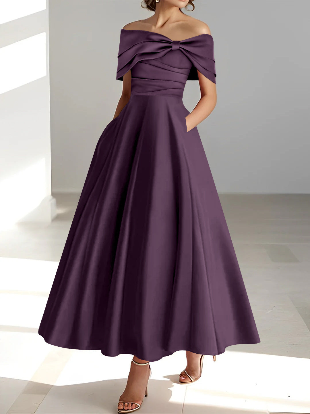 A-Line/Princess  Ankle-Length Sleeveless Off-the-shoulder Mother of the Bride Dresses With Ruffles Bow(s)