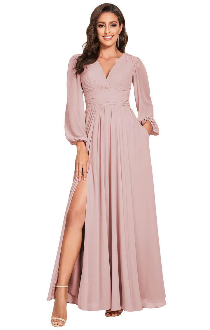 A-Line/Princess Plunging Neck Long Sleeves Bridesmaid Dresses