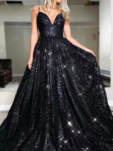 Women's Glittering A-Line/Princess Sequin V-neck Sweep/Brush Train Long Prom Dresses