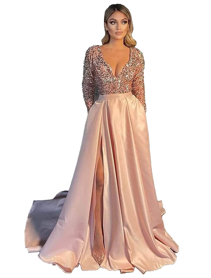 A-Line/Princess V-Neck Long Sleeves Prom Dresses