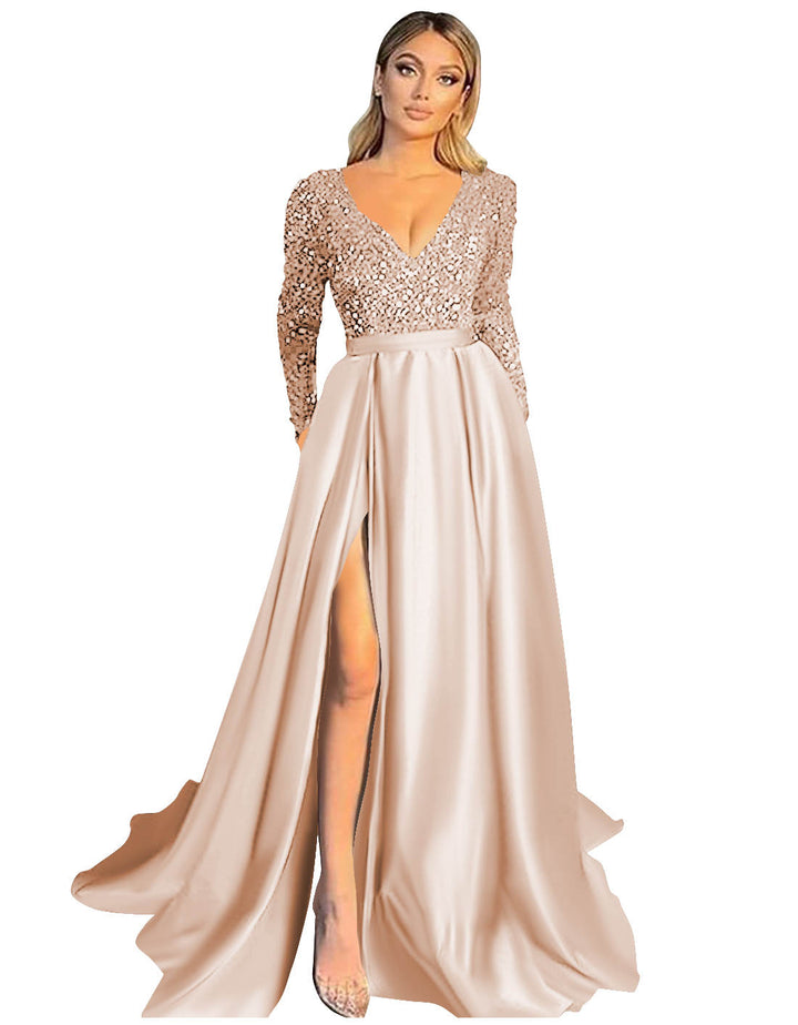 A-Line/Princess V-Neck Long Sleeves Prom Dresses