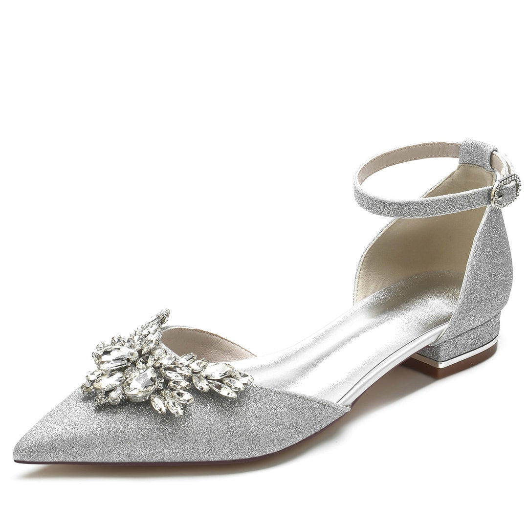 Women's Wedding Shoes Glitter Rhinestone Low Pointed Toe Ankle Strap Bridal Shoes