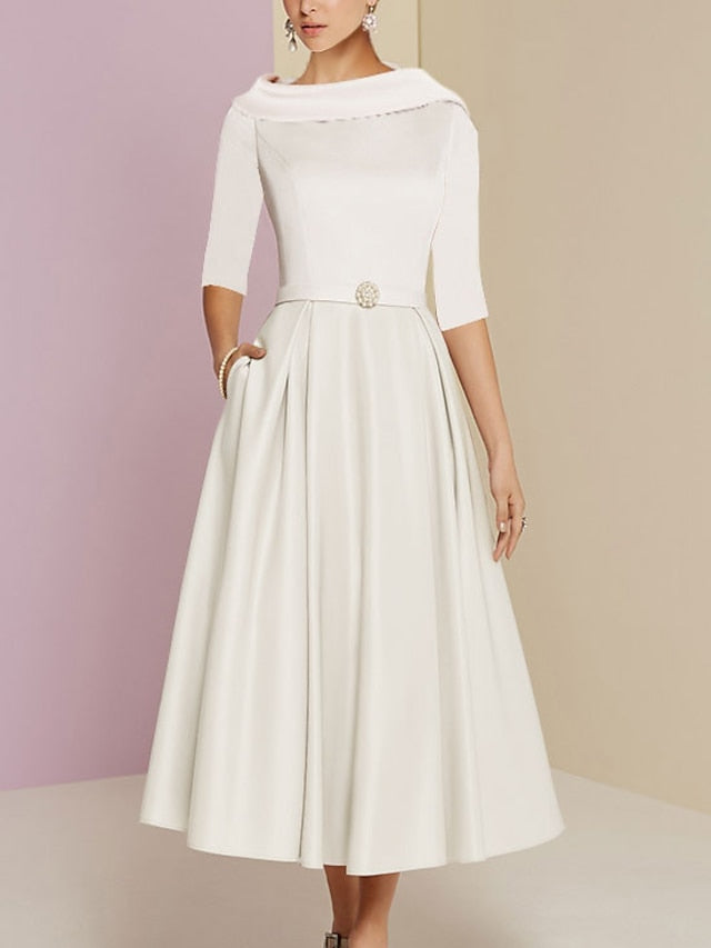 A-Line/Princess Jewel Neck Half Sleeve Tea Length Mother of the Bride Dresses with Pockets Pleats