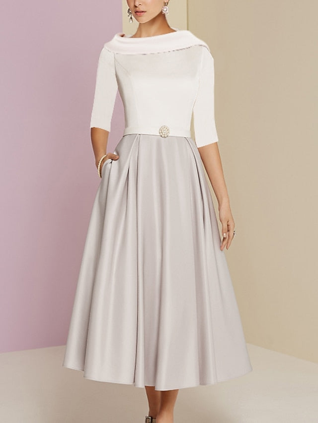 A-Line/Princess Jewel Neck Half Sleeve Tea Length Mother of the Bride Dresses with Pockets Pleats