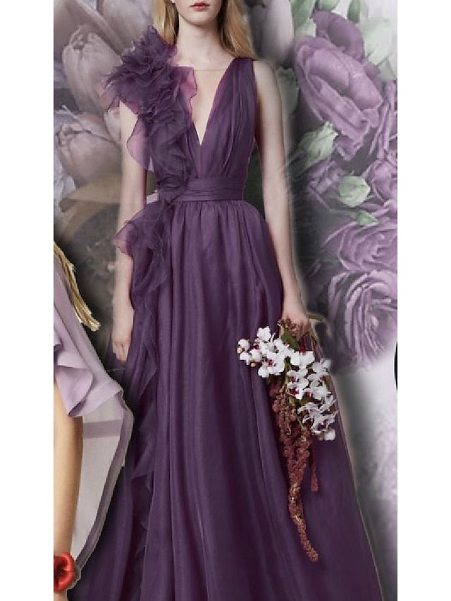 A-Line/Princess V Neck Sleeveless Floor-length Long Formal Evening Floar Dresses with Split Side