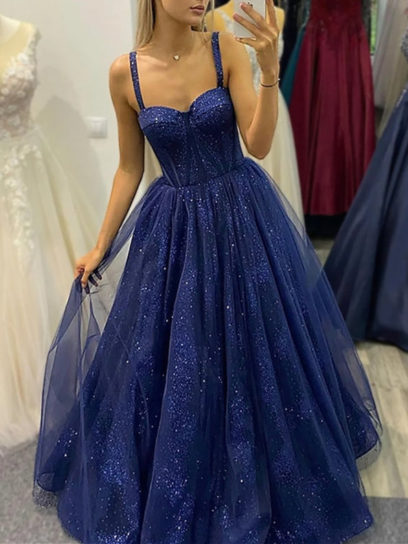 A-Line/Princess Spaghetti Straps Floor-length Long Prom Dresses