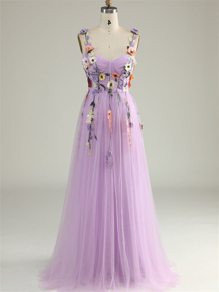 A-Line/Princess Sweetheart Sleeveless Floor Length Formal Dress with Flowers