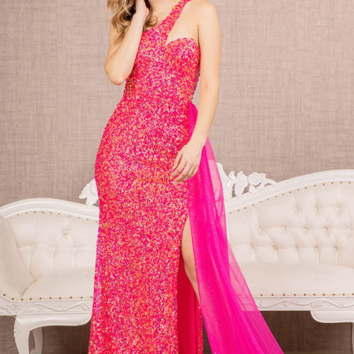 Sheath/Column One-Shoulder Sleeveless Floor-Length Long Prom Dresses with Split Side Sequins