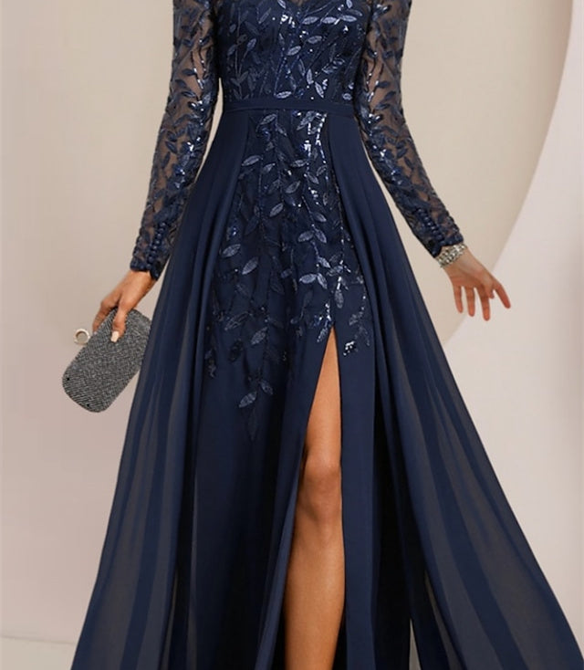 A-Line/Princess Scoop Long Sleeves Floor-Length Mother of the Bride Dresses with Split Side, Ruffles & Sequins