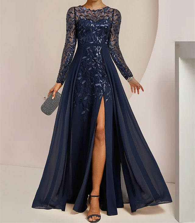 A-Line/Princess Scoop Long Sleeves Floor-Length Mother of the Bride Dresses with Split Side, Ruffles & Sequins