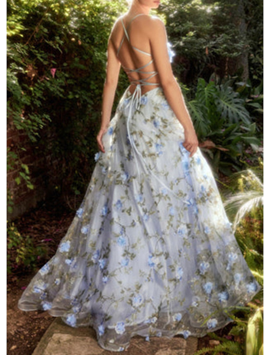 A-Line/Princess Spaghetti Straps sleeveless Long Prom Dresses With Flowers