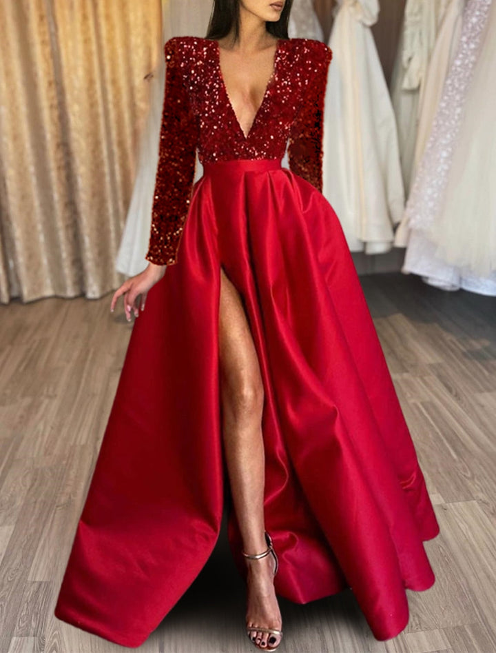 A-Line/Princess V-Neck Long Prom Dresses With Split Side & Sequins