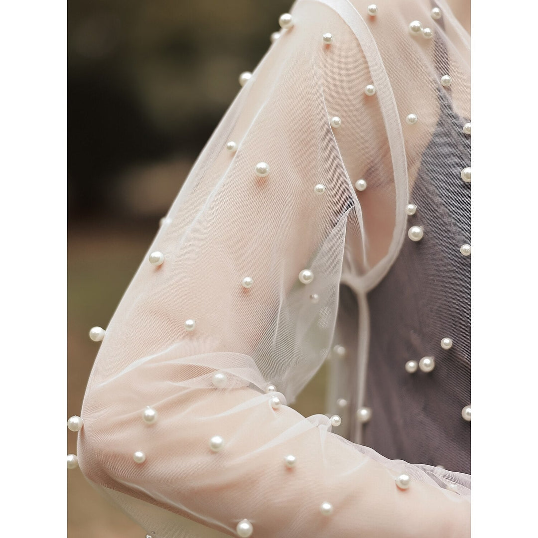 Elegant Long Sleeve Illusion Sleeve Tulle Wedding Wraps With Pure colour
