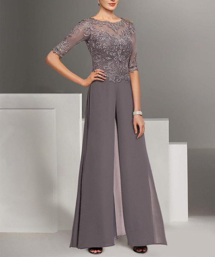 Chiffon Jewel Neck Half Sleeves Ankle-Length Mother of the Bride Pantsuits with Lace