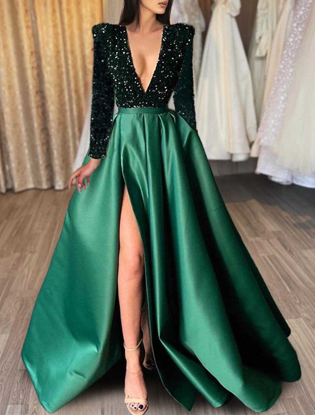 A-Line/Princess V-Neck Long Prom Dresses With Split Side & Sequins