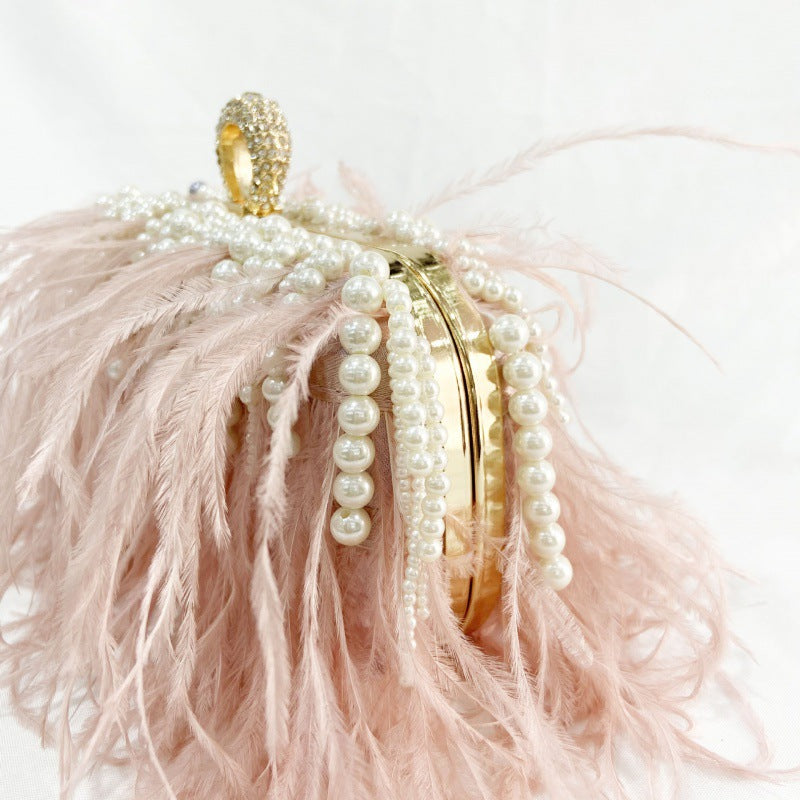 Pleated Chain Ostrich Feather Clutch Hand Bags