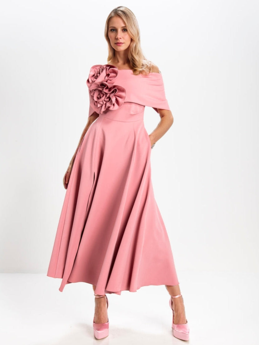 A-Line/Princess Off-the-Shoulder Tea-Length Mother of the Bride Dresses with 3D Flowers