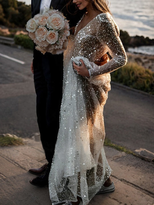 A-Line/Princess V-Neck Long Sleeves Sequins Wedding Dress