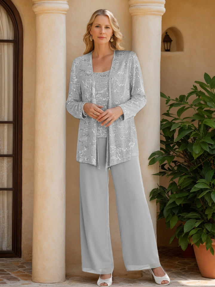 Chiffon Mother of the Bride Pantsuits with Jacket & Sequins