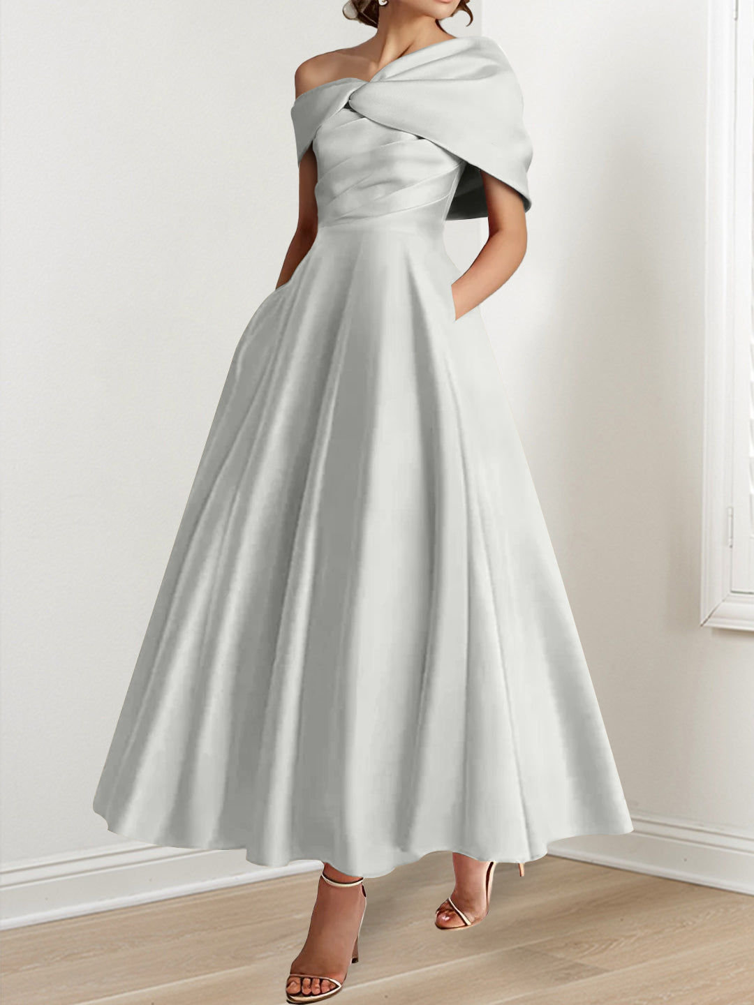 A-Line/Princess  Ankle-Length Sleeveless Off-the-shoulder Mother of the Bride Dresses With Ruffles Bow(s)