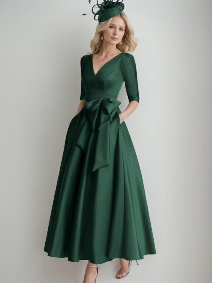A-Line/Princess V Neck 3/4 Length Sleeve Tea Length Satin Mother of the Bride Dresses with Bow(s)