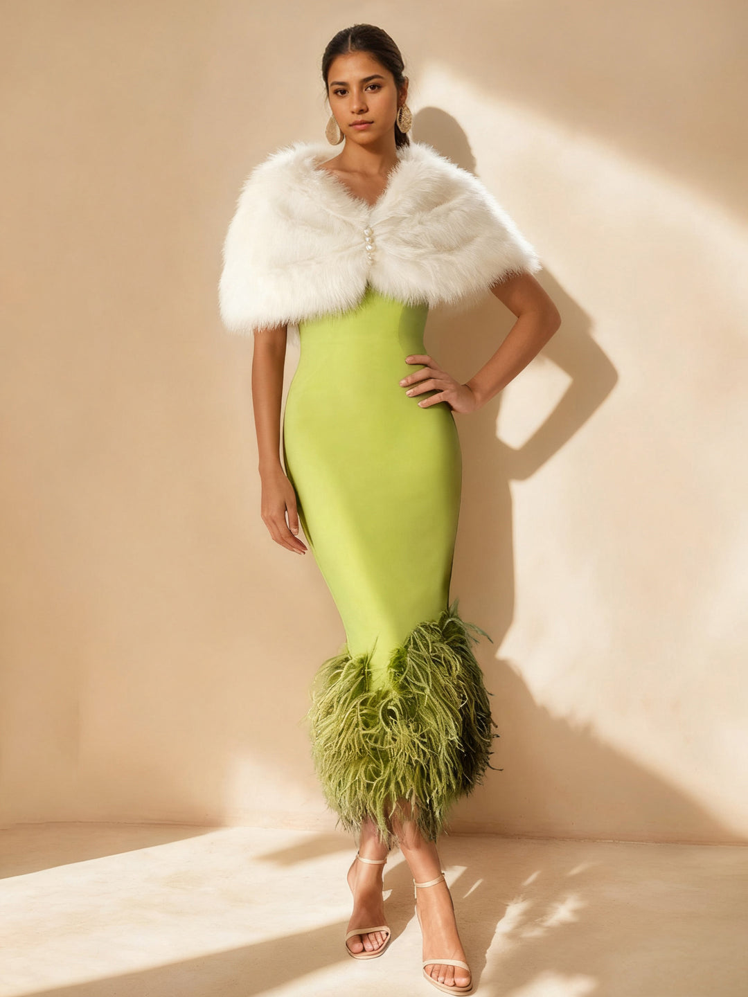 Sheath/Column Off-the-Shoulder Short Sleeves Tea-Length Unique Mother of the Bride Dresses with Feathers