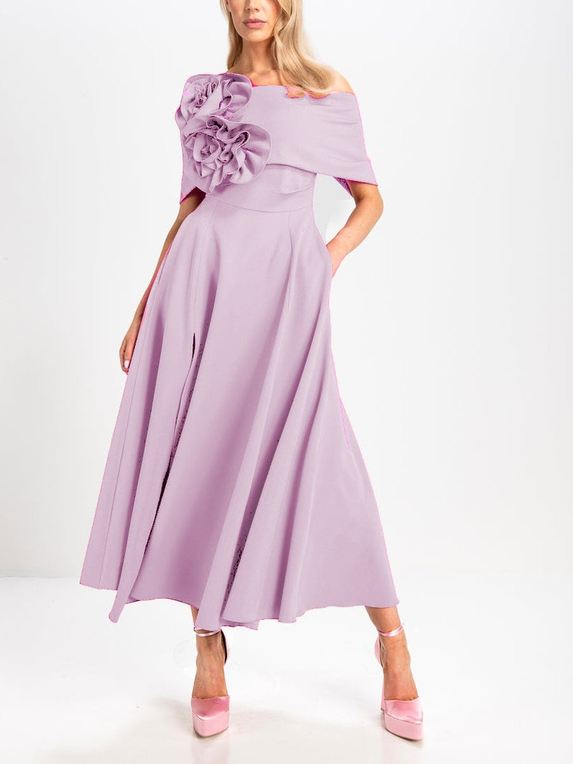 A-Line/Princess Off-the-Shoulder Tea-Length Mother of the Bride Dresses with 3D Flowers