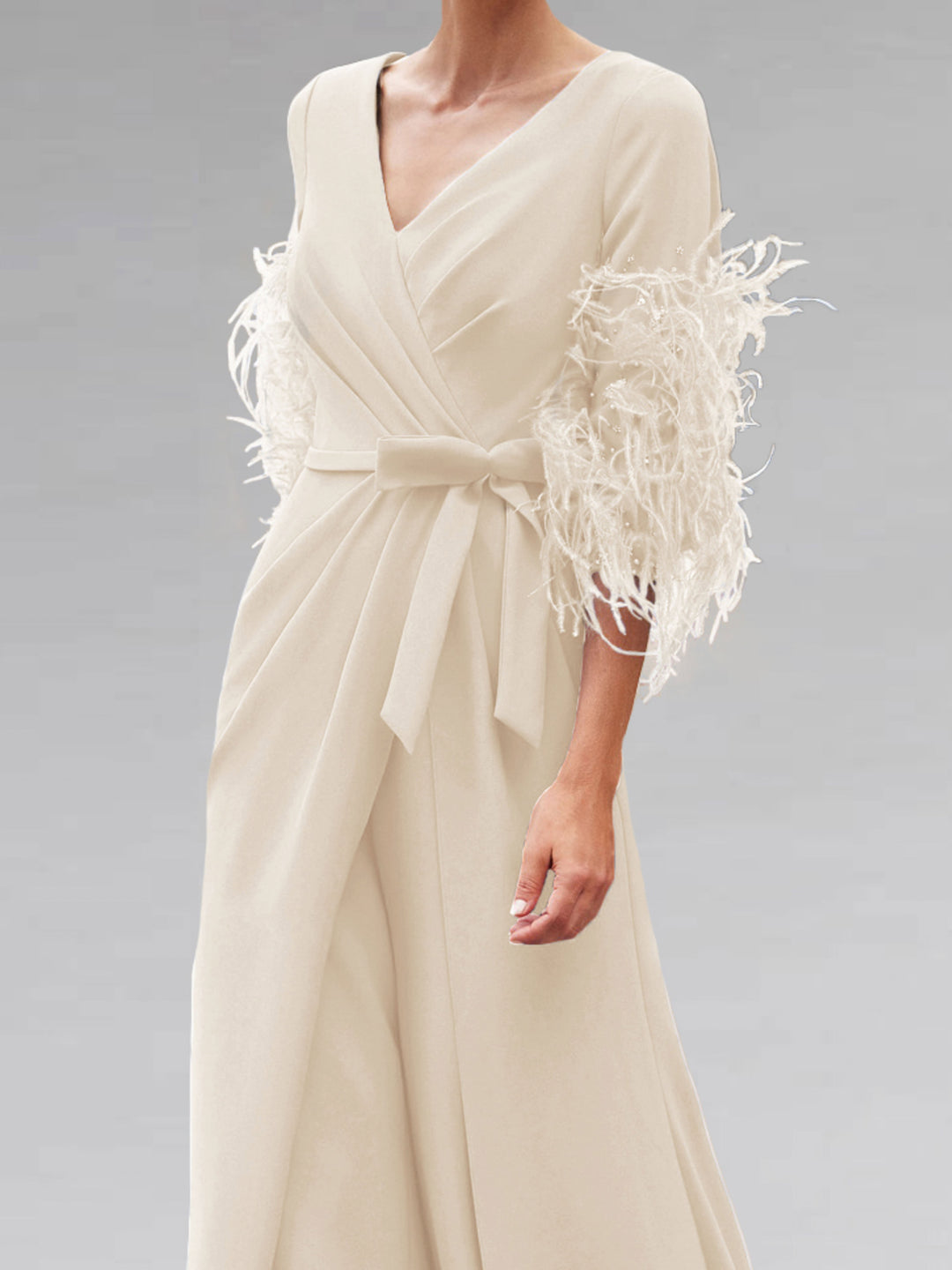 V-Neck Feathers Sleeves Ankle-Length Mother Of The Bride Jumpsuit with Bowknot