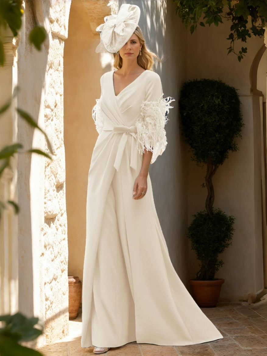 V-Neck Feathers Sleeves Ankle-Length Mother Of The Bride Jumpsuit with Bowknot