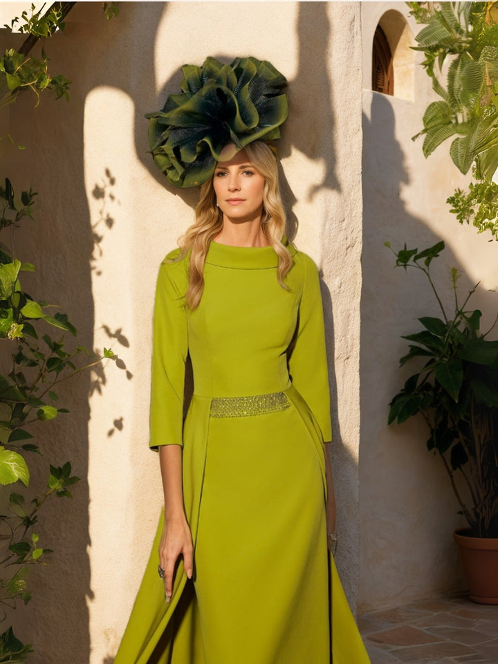 Sheath/Column Jewel Neck Tea-Length 3/4 Sleeves Mother of the Bride Dresses with Train