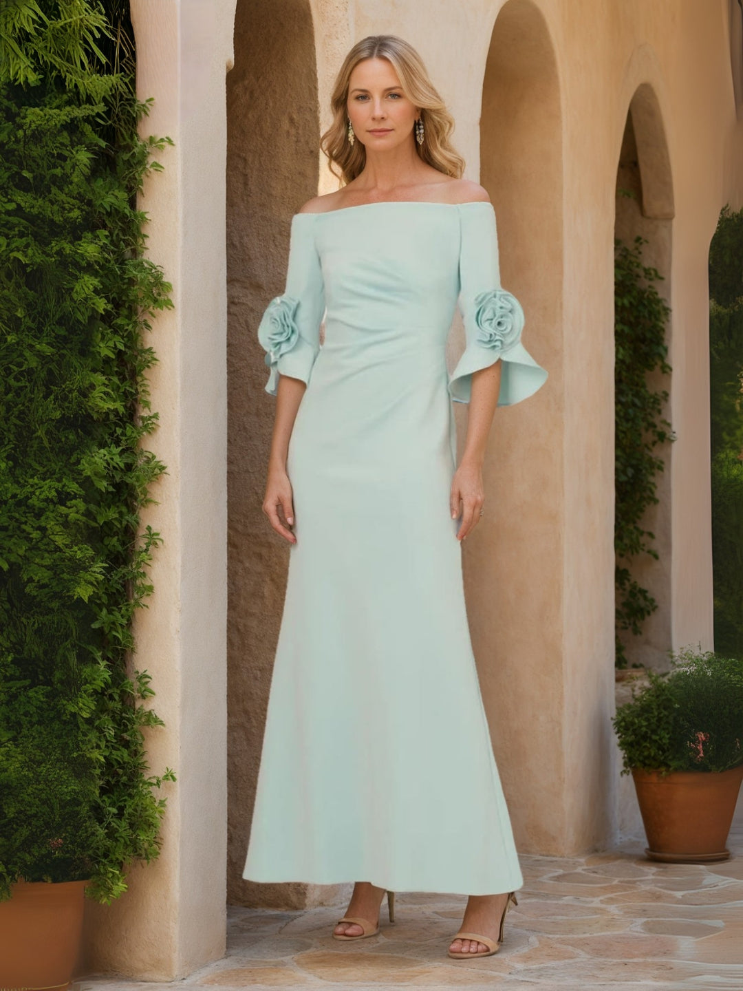 A-Line/Princess Off the shoulder Half Sleeves Ankle-Length Wedding Guest Dresses with 3D Flower