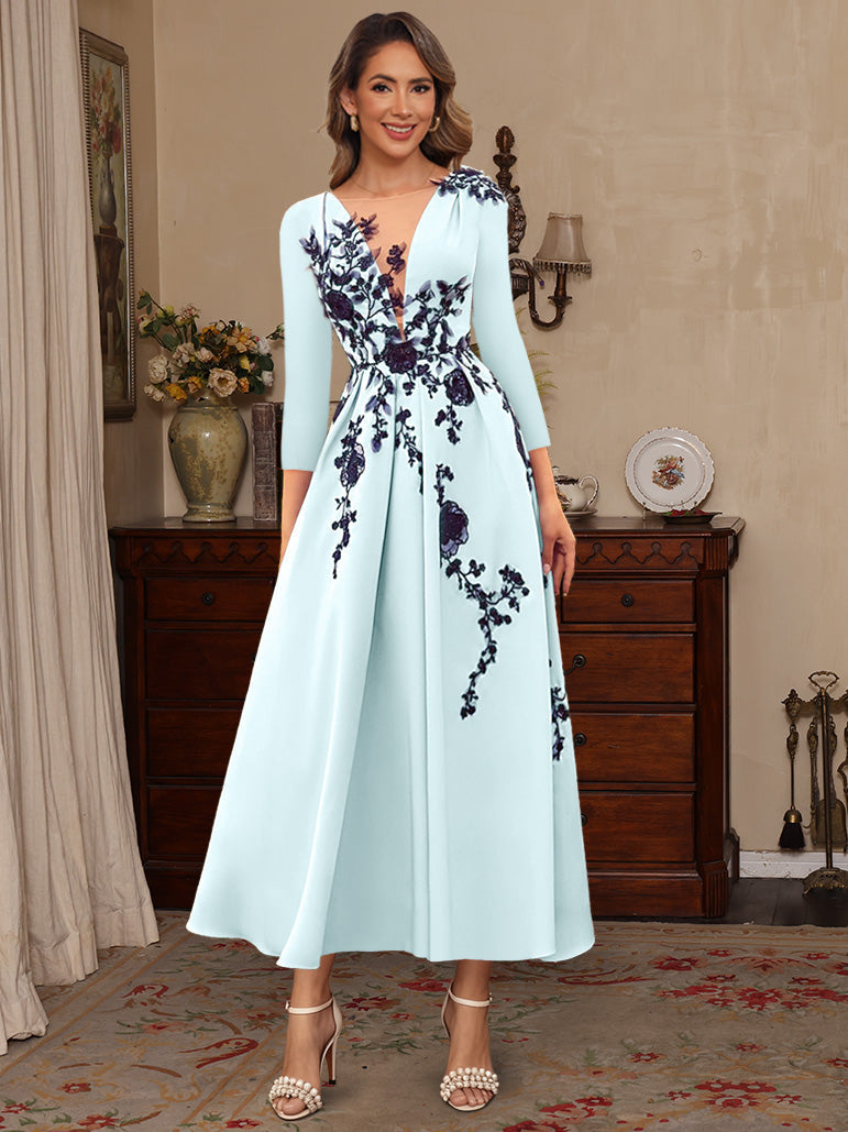 A-Line/Princess V-Neck Satin Mother of the Bride Dresses Lace Pleated 3/4 Sleeves Ankle-Length