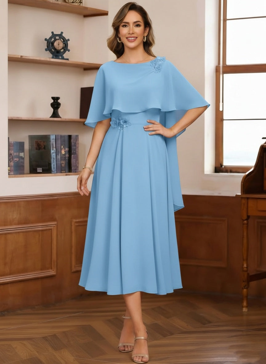 A-Line/Princess Cowl Neck Chiffon Mother of the Bride Dresses Tea-Length Pleated Cape Sleeves Beading