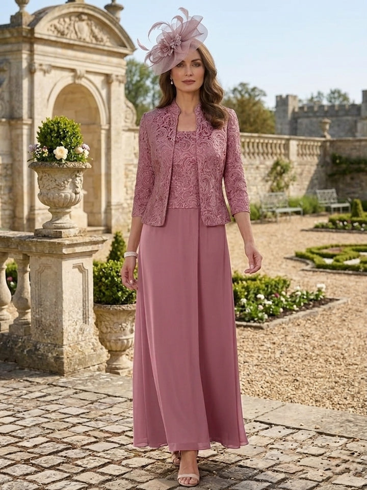 2 Pieces A-Line/Princess Square Collar Chiffon Mother of the Bride Dresses with Jacket Lace Ankle-Length 3/4 Sleeves