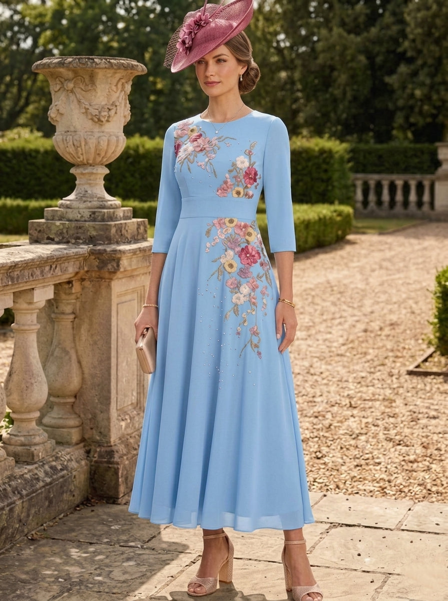 A-Line/Princess Scoop Chiffon Mother of the Bride Dresses 3/4 Sleeves Lace Tea-Length Floral
